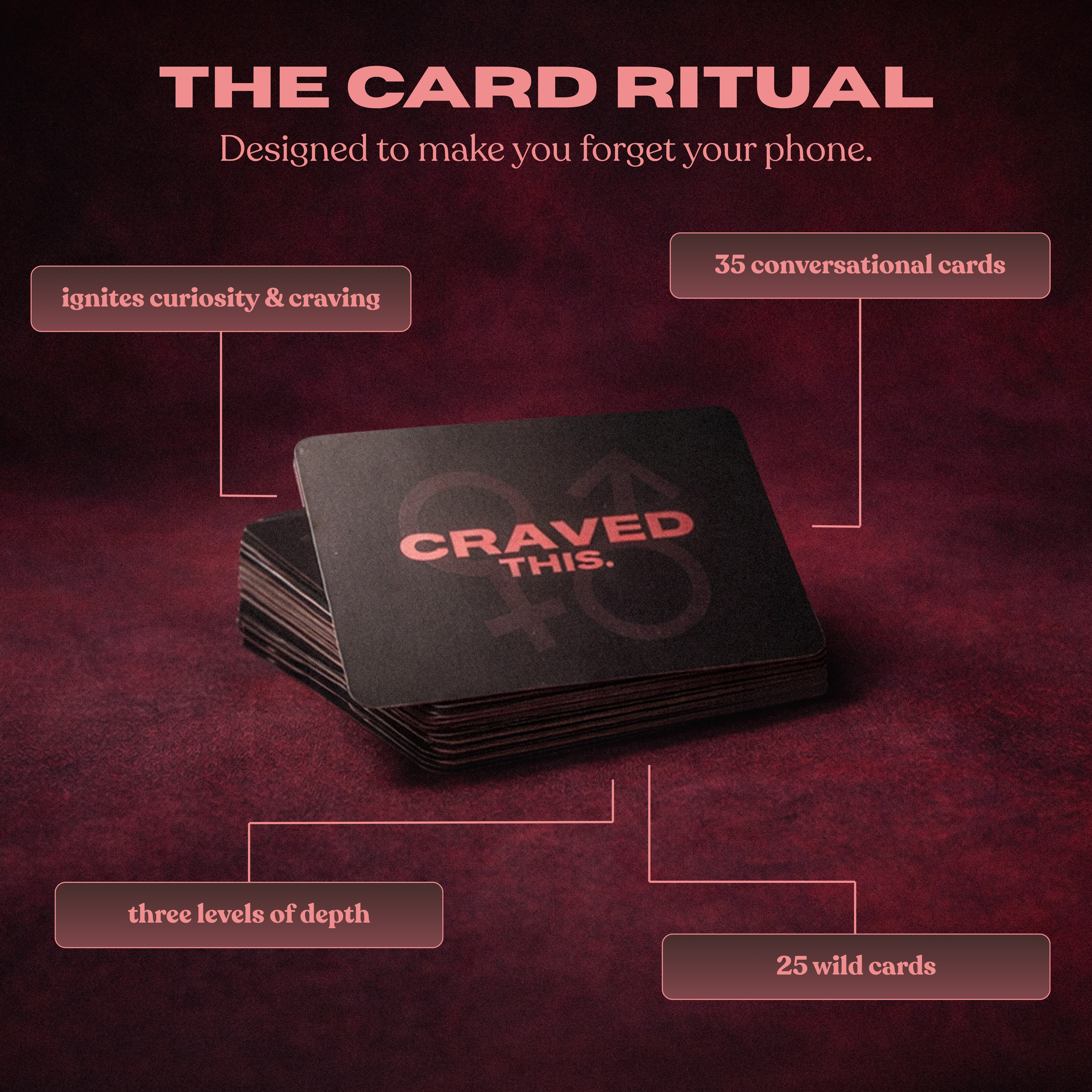 CravedThis ritual card deck — 35 conversational cards and 25 wild cards across three levels of depth, designed for couples