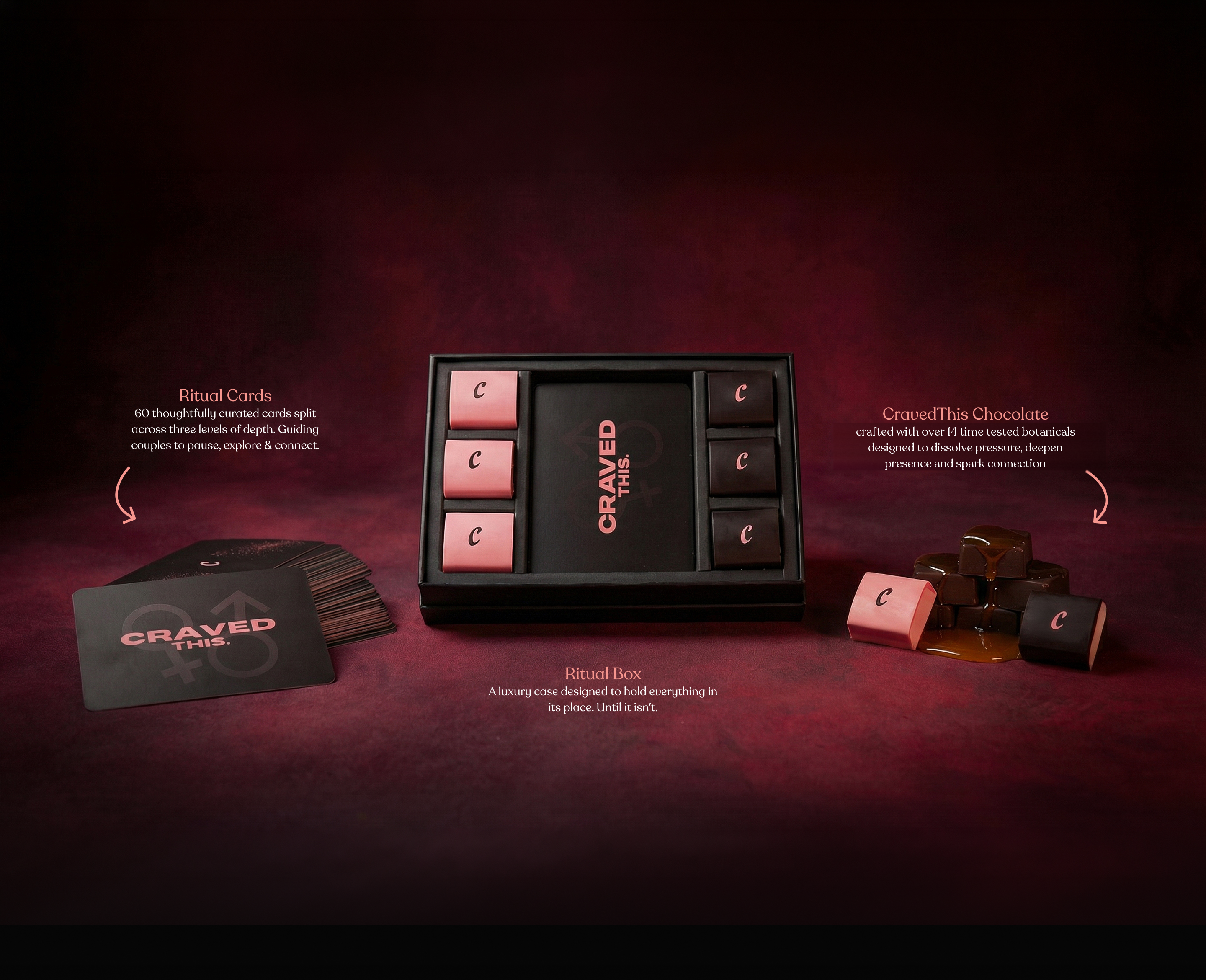 CravedThis Ritual Kit contents — ritual cards, luxury ritual box, and chocolate crafted with over 14 time tested botanicals